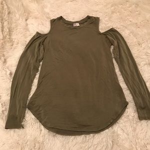Olive Long Sleeve Top With Shoulder Cut-Outs